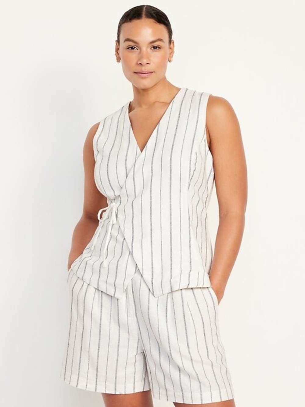 Striped Sleeveless Wrap Top - White with Black Stripes